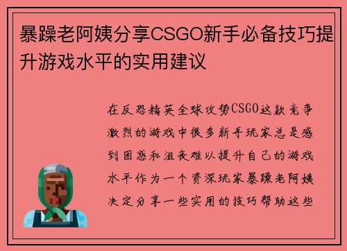 暴躁老阿姨分享CSGO新手必备技巧提升游戏水平的实用建议 暴躁老阿姨分享CSGO新手必备技巧提升游戏水平的实用建议