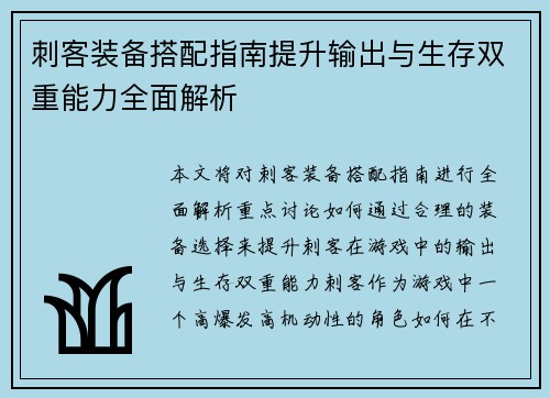 刺客装备搭配指南提升输出与生存双重能力全面解析
